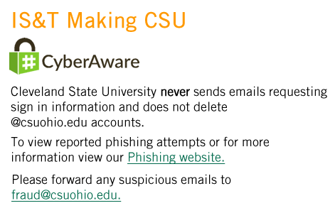 Beplay官网下载克利夫兰州立大学从不发送电子邮件要求登录信息，也不删除@csuohio.edu帐户。