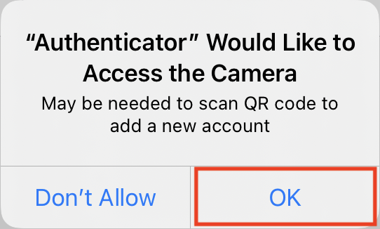 截图微软认证者的iOS应用程序提示相机权限允许按钮强调