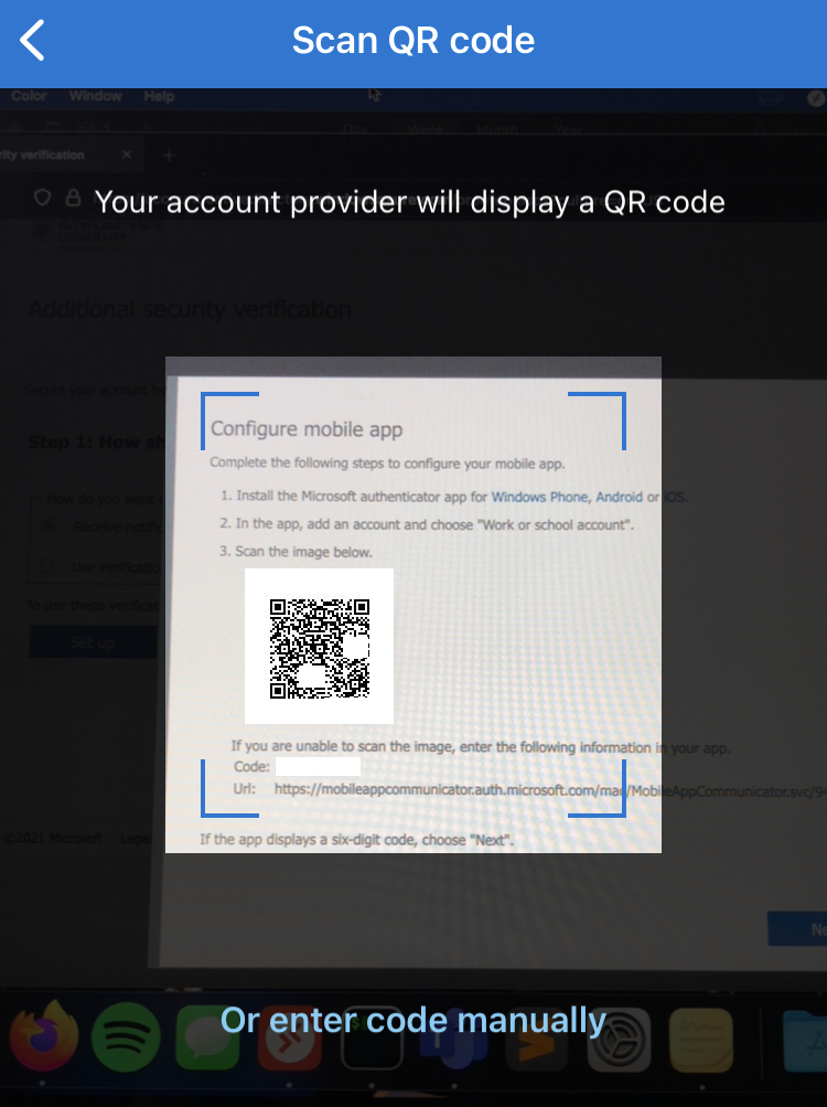 截图微软认证器应用程序扫描QR码显示在电脑屏幕上